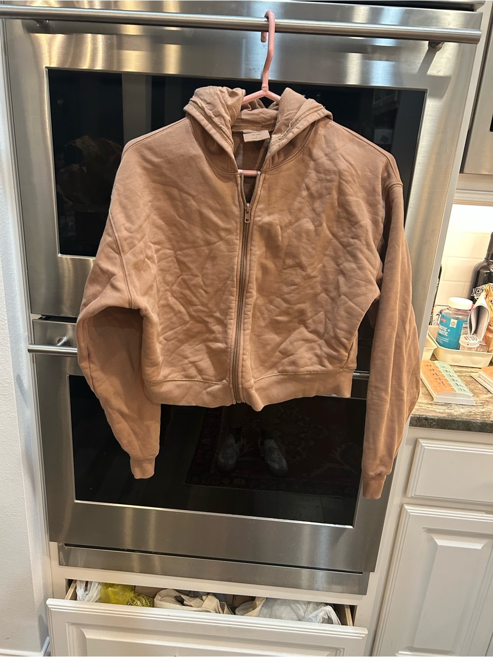 SKIMS brown Cropped cotton Zip up Hoodie size M slight wear loose thread